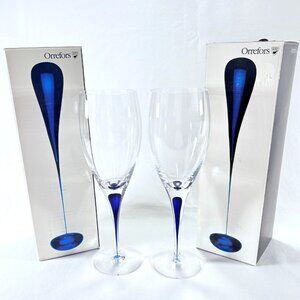 Orrefors Intermezzo Blue Set of 2 Hand Blown Crystal Water Goblet Glasses 9 1/4"